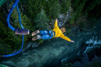 Man bungy jumps at the Queenstown Bungy, New Zealand