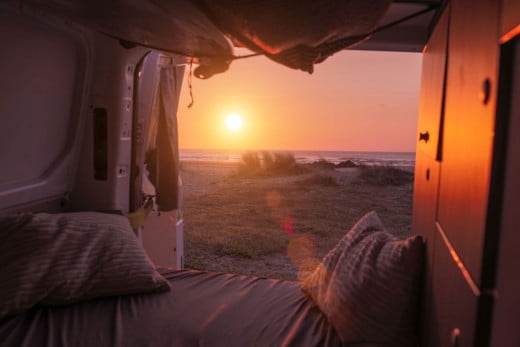 Motorhome with beach view at sunset, Nord Spaniene.