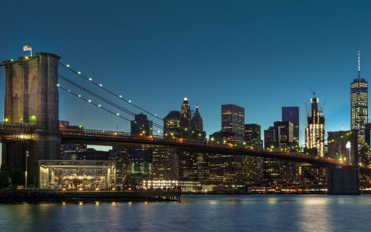 Brooklyn Bridge at night in New York City, USA