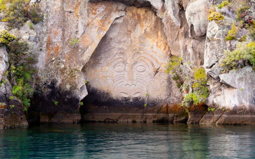 The historical Ngatoroirangi Mine Bay Maori Rock Carvings in Taupō, New Zealand