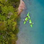 Aerial view of friends kayaking, Marlborough, New Zealand.