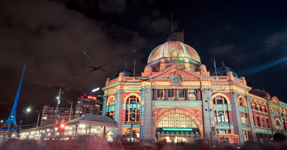 Flinders Station at night, Melbourne, Australia. 