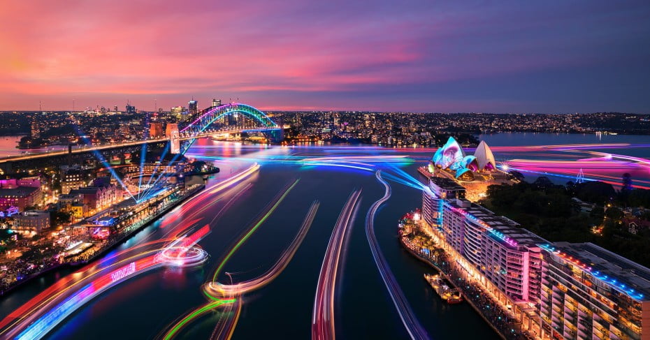 Sydney view of harbour lights during Vivid Sydney 2019