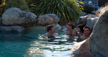 Friends at Hanmer Springs thermal pools, Canterbury, New Zealand. 