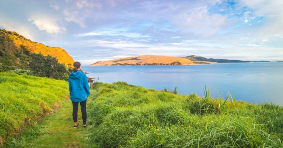 Woman looking across Hokianga Harbour, New Zealand. 