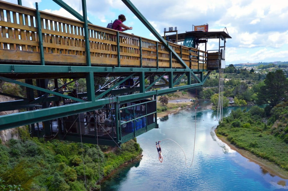 Person doing a bungy jump from 47 metres above the Waikato River in Taupo, New Zealand