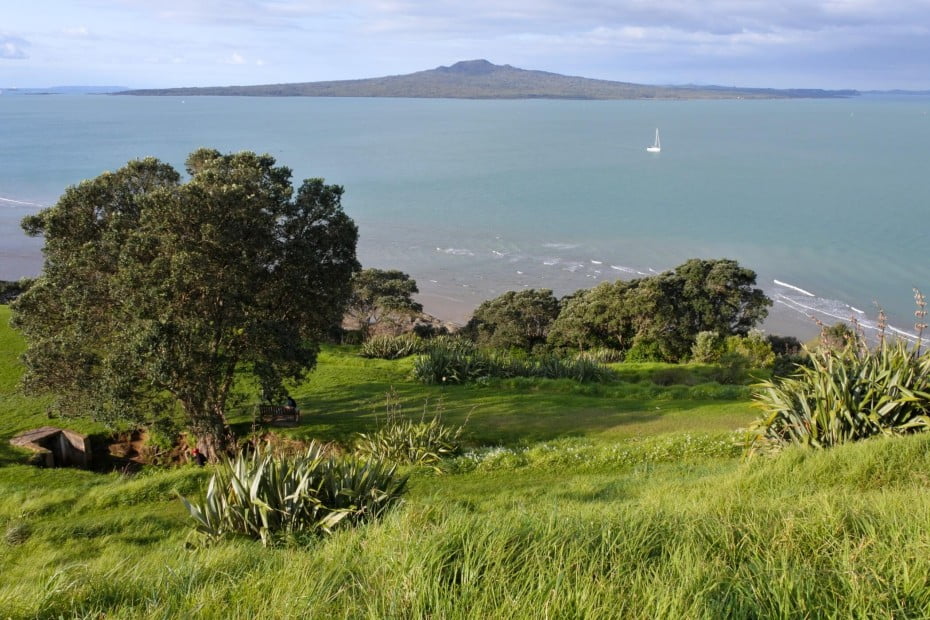 Aerial landscape view of Rangitoto Island in New Zealand.