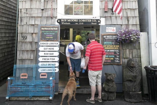 Men queuing for lobster in Massachusetts. 