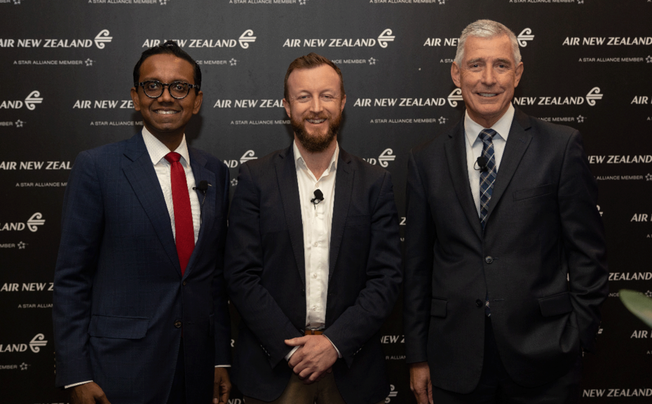 Airbus President Asia Pacific Anand Stanley, Associate Minister Transport Hon Kieran McAnulty and Air NZ CEO Greg Foran.