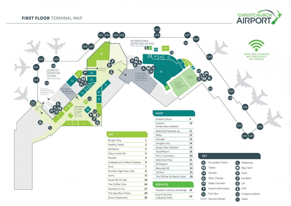 Christchurch Airport first floor terminal map.