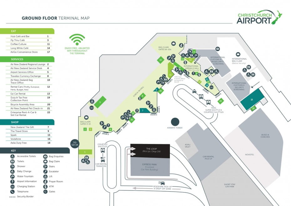 Christchurch Airport ground floor terminal map.