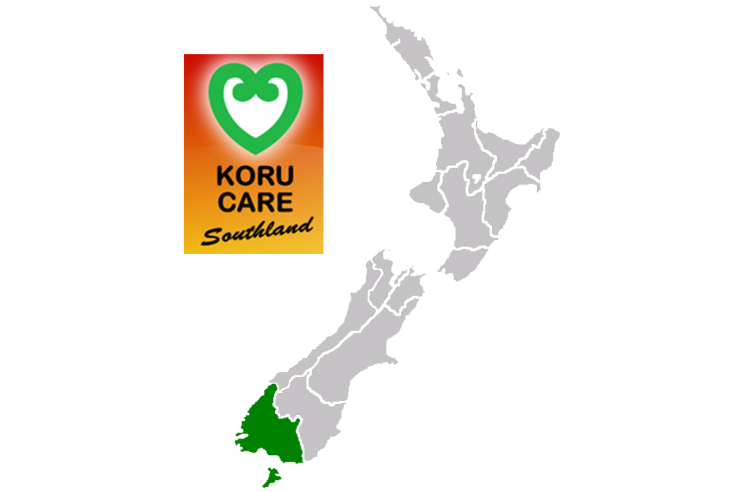 Koru care Southland branch - logo and map
