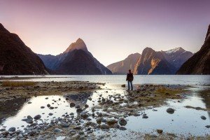 Man looking at Milford Sound, Queenstown, New Zealand